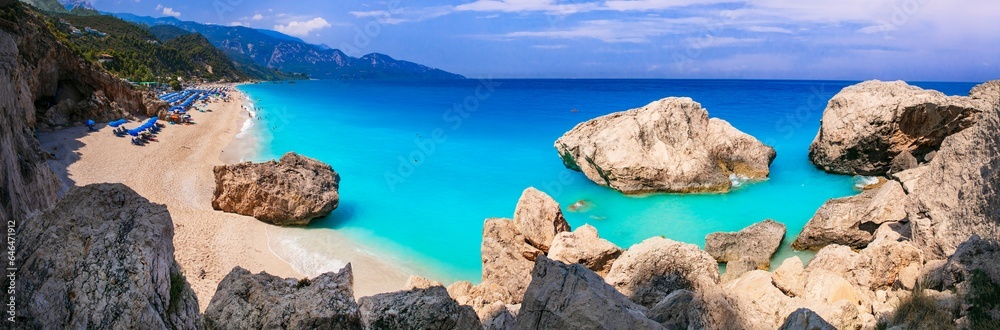 Greece best beaches of Ionian islands. Lefkada - scenic long beach Kathisma with tropical turquoise sea and white sand