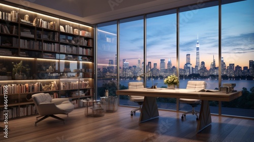 A home office with floor-to-ceiling windows and stunning cityscape views