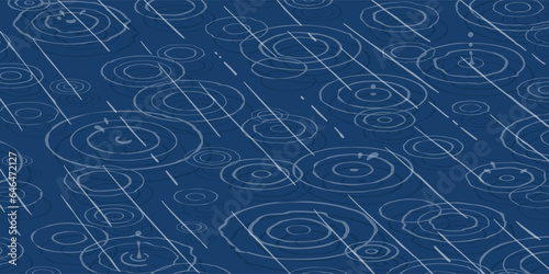 Rain, splashes, circles on the water. On a dark blue background. Vector illustration.
