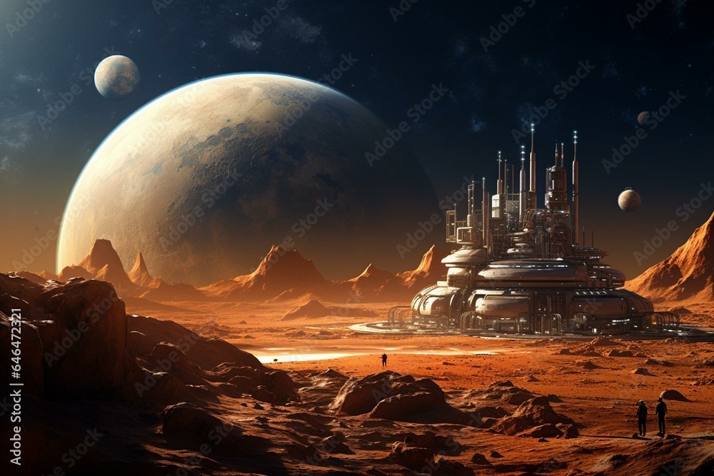 A space art showing futuristic Mars exploration with a prominent moon. Generative AI