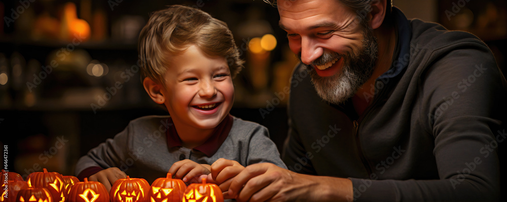 Grandfather and Boy Arranging Carved Halloween Pumpkins