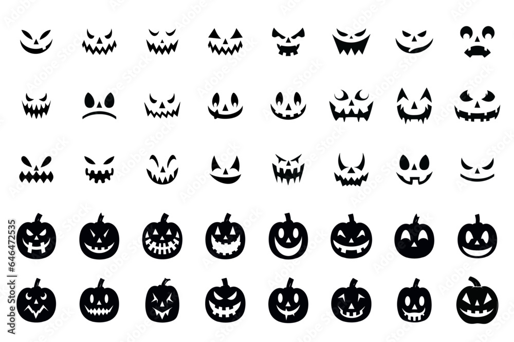 Funny and scary ghost,pumpkin or Jack o lantern faces for Halloween, Set of pumpkin silhouettes and vector illustration of carved faces silhouettes - transparent background, png
