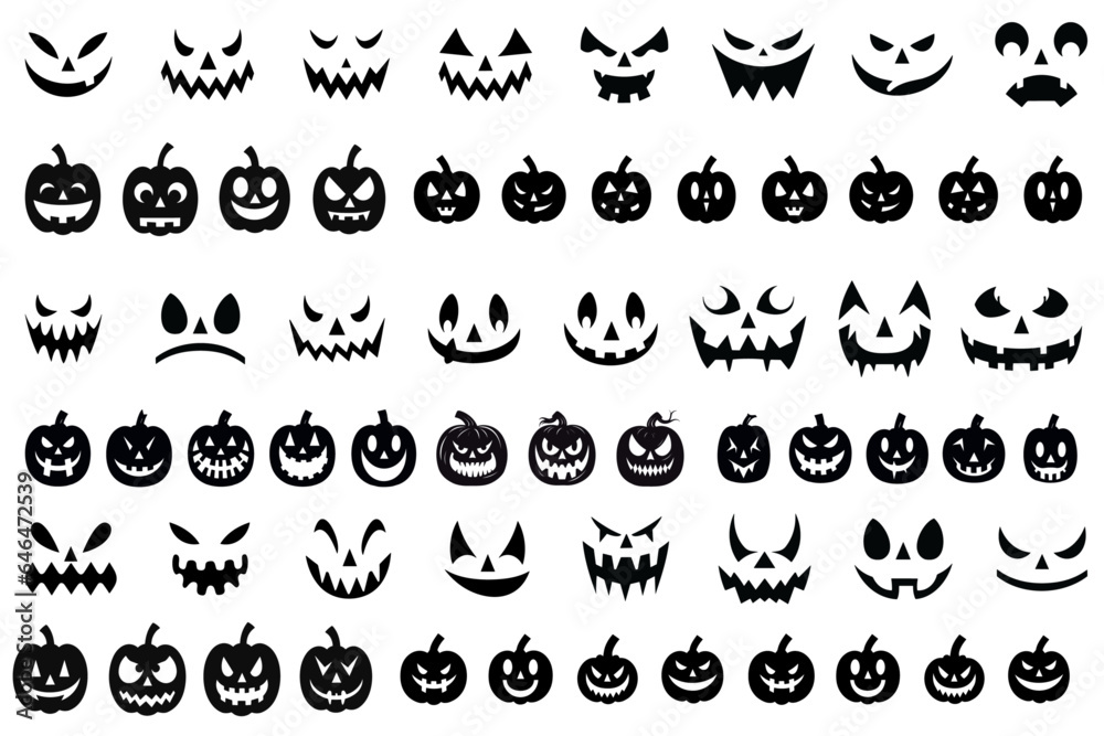 Naklejka premium Set of carved faces silhouettes for Halloween, Vector illustration of pumpkin silhouettes and funny and scary ghost,pumpkin or Jack o lantern faces - transparent background, png 