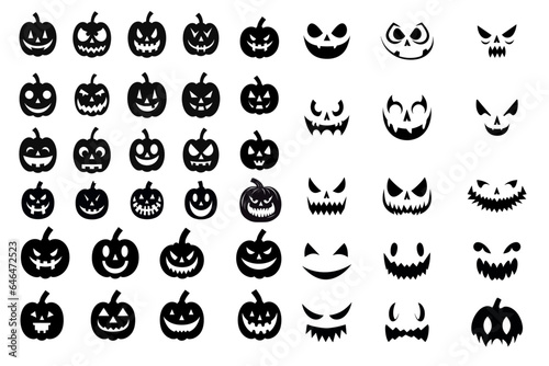 Vector illustration of pumpkin silhouettes and carved faces silhouettes for Halloween, Set of funny and scary ghost,pumpkin or Jack o lantern faces - transparent background, png 
