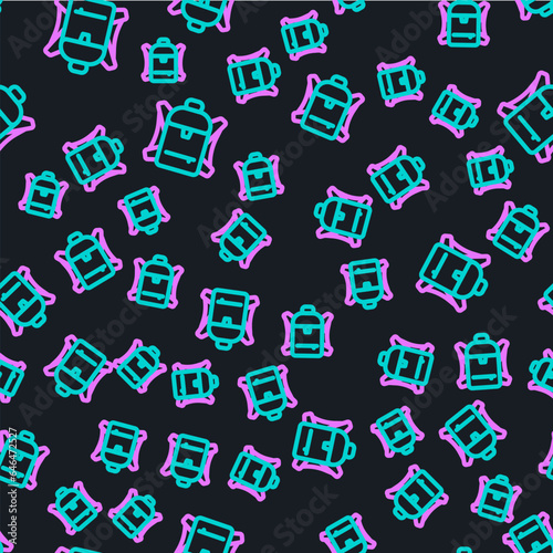 Line Hiking backpack icon isolated seamless pattern on black background. Camping and mountain exploring backpack. Vector