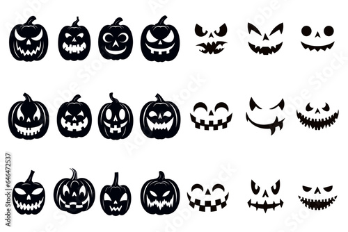 Funny and scary ghost,pumpkin or Jack o lantern faces and pumpkin silhouettes set for Halloween, Vector illustration of carved faces silhouettes - transparent background, png
