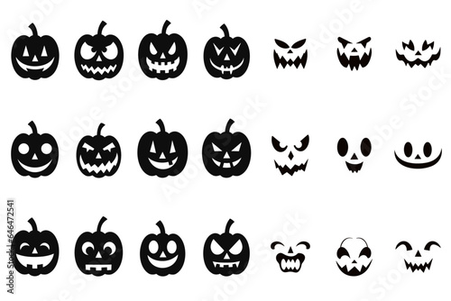 Vector illustration of carved faces silhouettes for Halloween, Set of pumpkin silhouettes and funny and scary ghost,pumpkin or Jack o lantern faces - transparent background, png
