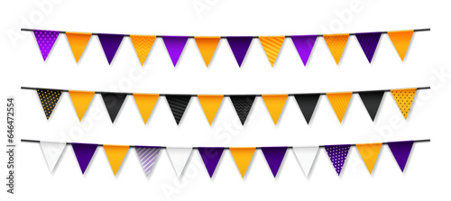 Realistic Halloween holiday garland pennant flags with ornament pattern, vector decorations. Halloween holiday horror night banner flags with orange, black and purple pattern for party pennants