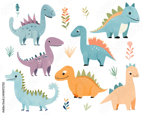 Cute dinosaur illustrations. Vector set of hand drawn dinosaurs. © Hanna ArtLab