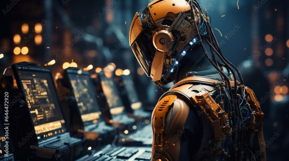 Robot controls computer panel. Artificial Intelligence concept. Robot controls computer panel. Artificial Intelligence concept.