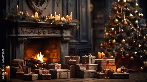 Christmas background with tree, fireplace and gifts. New year celebration.