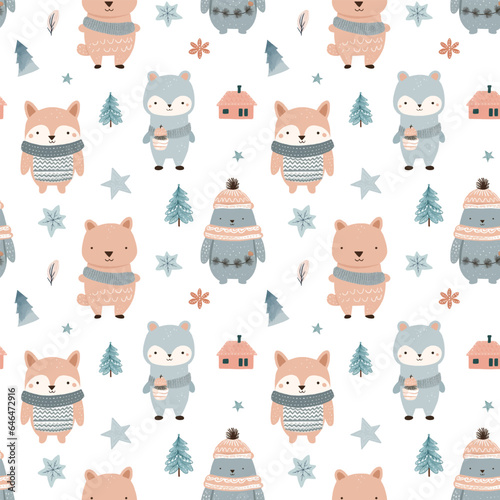 Winter seamless pattern with cute animals. Christmas vector pattern. Hand drawn vector children's print