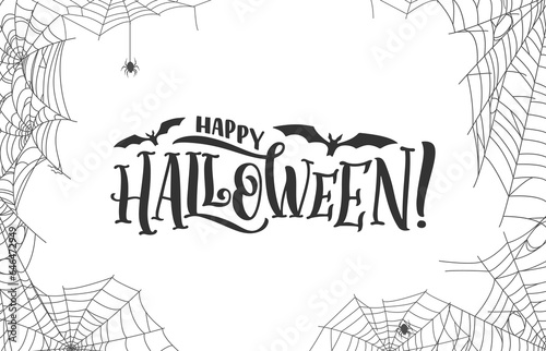 Halloween holiday cobweb and spiders frame with bats, vector spooky background. Happy Halloween greeting card or horror night trick or treat party spiderweb in corners of frame border for Halloween