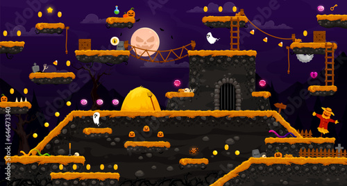 Arcade Halloween horror night landscape, game level map interface, vector platforms and ghosts, stairs and coins. Halloween cartoon game cemetery background with pumpkins, coin rewards and candy bonus