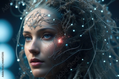 Ethereal neural network organism. Anatomical woman face of artificial intelligence biomechanical details. Images of cutting-edge web technology. © IhorStore
