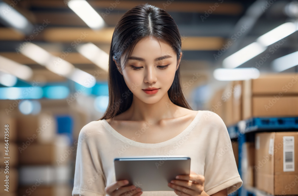 Young woman holding a tablet in a white t-shirt and smiling. Big warehouse in transportation concept