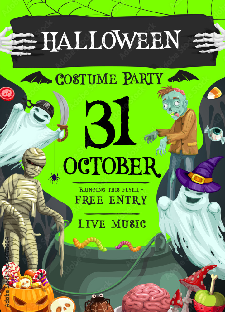 Halloween costume party flyer for the spooktacular night celebration, filled with eerie delights 
