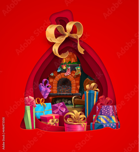 Christmas paper cut Santa gifts bag. Vector double exposition Xmas holiday papercut 3d effect frame in shape of sack with colorful presents and traditional interior with fireplace and hanging socks
