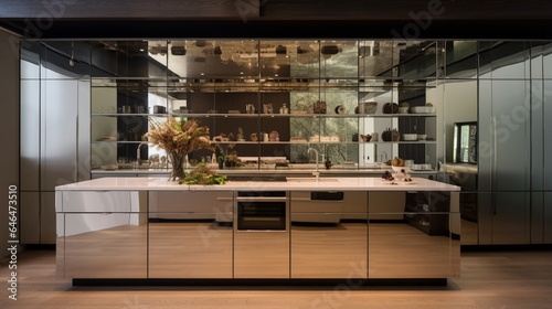 A kitchen with a hidden pantry and a mirrored backsplash