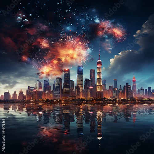 a celebration overlooking a city skyline, fireworks