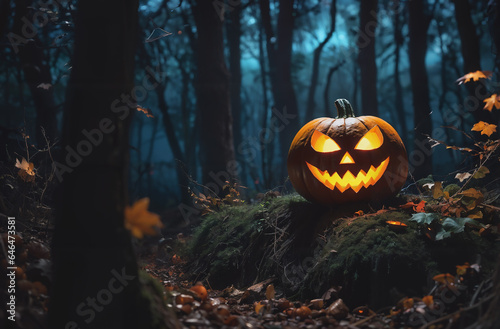 halloween pumpkin with lantern In the scary forest In the quiet and lonely night © fourtakig