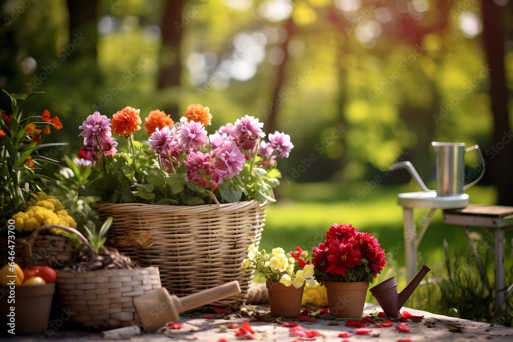 Gardening tools and flowers in the garden. Gardening tools and flowers in the garden.