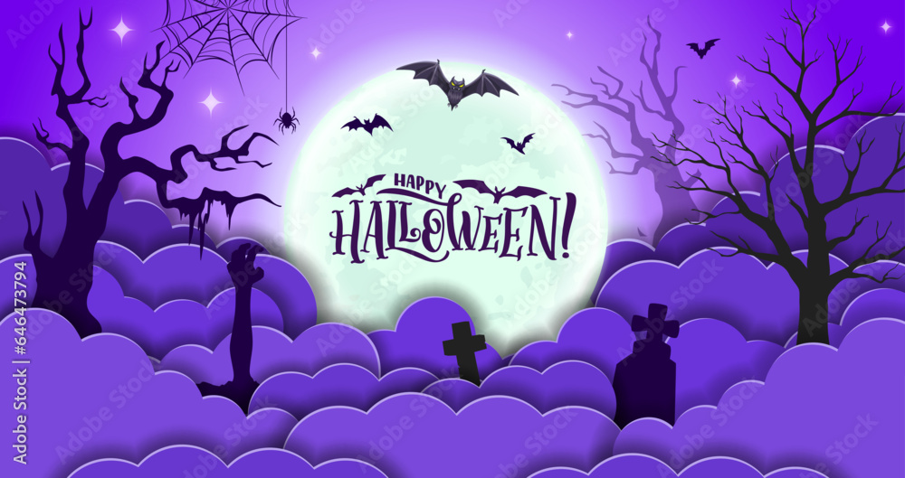 Halloween paper cut banner with cemetery, mist, dead trees and flying bats . Vector greeting card with 3d clouds or waves, night graveyard landscape, scary tombs, full moon and spooky arms silhouettes