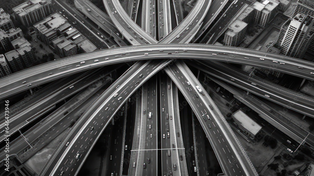 Obraz premium Top view of highway and bridge in city with busy road