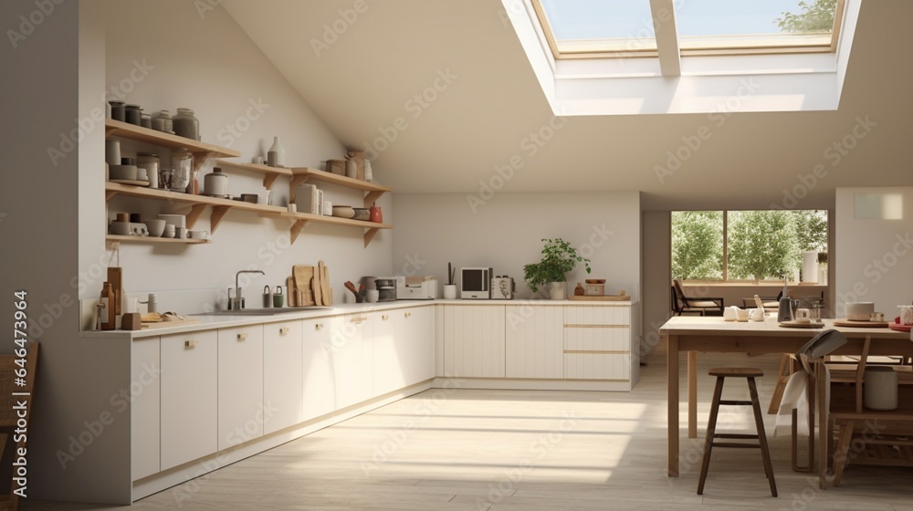 Fototapeta premium Cozy kitchen with large windows, wooden shelves, natural light, minimalist design, warm tones, skylight, and plants.