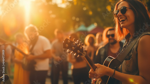 Friends attend a live music event, whether it's a local band, a concert in a park, or a gig at a small venue