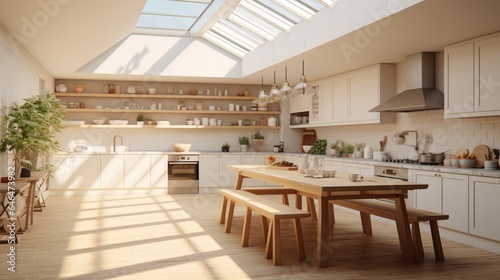 A kitchen with a large skylight and a minimalist color palette