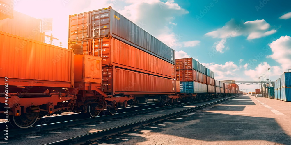 freight train passing through a logistics hub, showcasing the role of rail transport in moving goods across continents. Generative AI - obrazy, fototapety, plakaty 