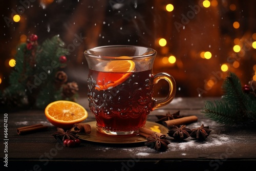 delicious drink with spices on rustic surface under soft holiday illumination, detailed view. Generative AI