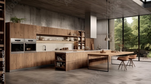 A kitchen with a mix of concrete and wood surfaces