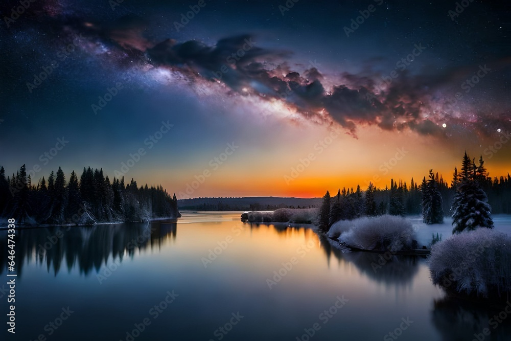 
Beautiful night sky, the Milky Way and the trees.  