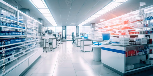 hospital pharmacy, showcasing the shelves stocked with medications, the compounding area, and the diligent work of pharmacists and pharmacy technicians. Generative AI