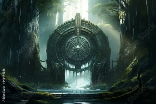 Concept art of the Valhalla gate, a portal to the afterlife. A large gate amidst a pine forest with tall trees. Generative AI
