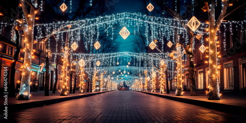 Light tunnel on city streets with decorations and garlands. Generative AI © Лилия Захарчук