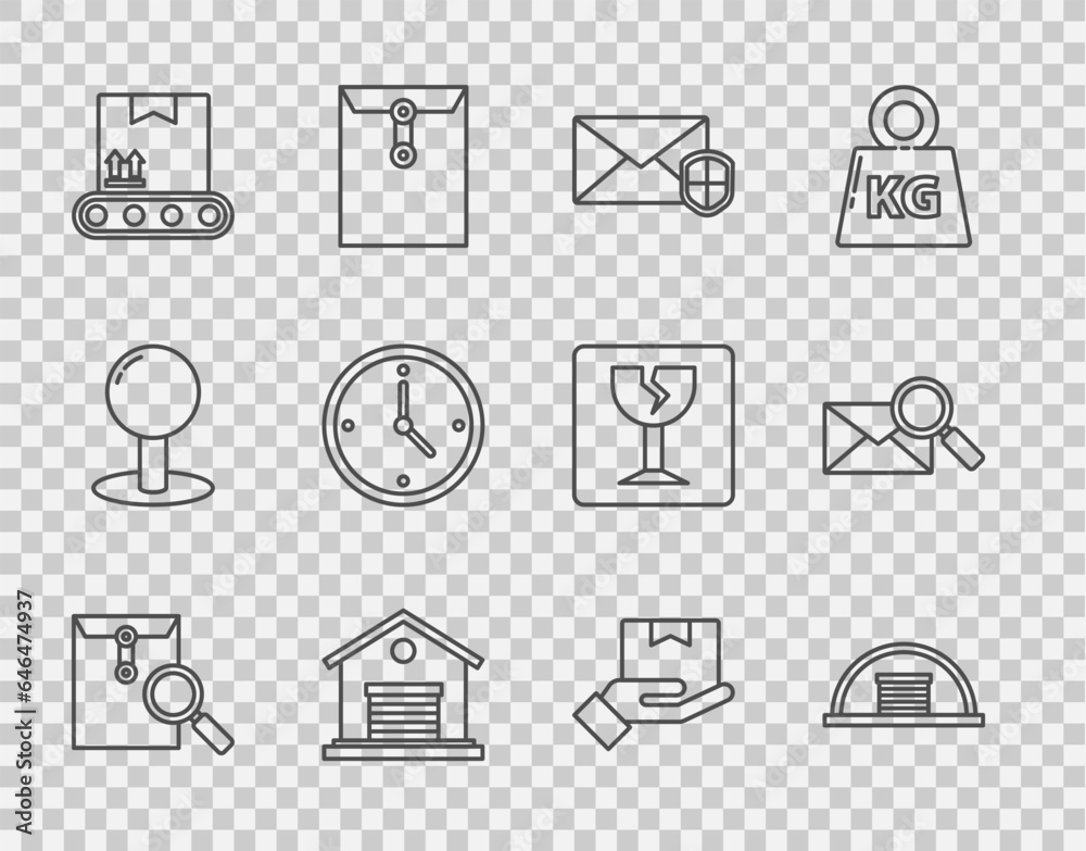 Set line Envelope with magnifying glass, Hangar, shield, Warehouse, Conveyor belt cardboard box, Fast time delivery, Delivery hand boxes and icon. Vector Set line Envelope with magnifying glass, Hangar, shield, Warehouse, Conveyor belt cardboard box, Fast time delivery, Delivery hand boxes and icon. Vector
