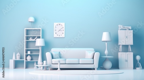 Stylish minimalist monochrome interior of modern cozy living room in white and pastel blue tones. Trendy couch, commode, rack, floor lamps. Creative home design. Mockup, 3D rendering.