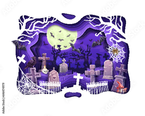 Halloween cemetery paper cut. Vector 3d effect papercut design, night graveyard landscape with tombs, scary raven birds, spooky bats, amanita mushrooms and tree silhouettes under moonlight glow