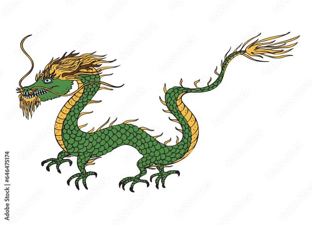 Obraz premium Dragon hand drawn vector illustration on isolated background, east animal, symbol of 2024 new year, design element for print t-shirt ,poster, template, tattoo, card. Mythological traditions, horoscope