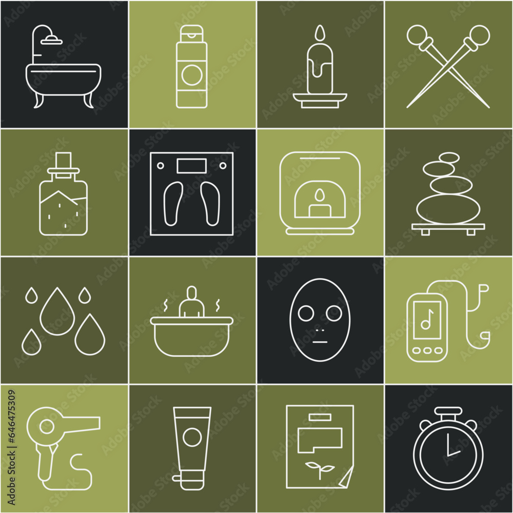 Set line Stopwatch, Music player, Stack hot stones, Burning candle, Bathroom scales, Spa salt, Bathtub and Aroma lamp icon. Vector Set line Stopwatch, Music player, Stack hot stones, Burning candle, Bathroom scales, Spa salt, Bathtub and Aroma lamp icon. Vector