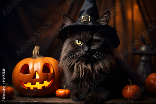 Black cat with Halloween witch costume hat and carved pumpkin in witch house.