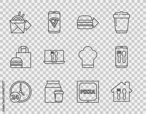 Set line Clock 24 hours, Online ordering and delivery, burger, noodles, Pizza cardboard box and icon. Vector