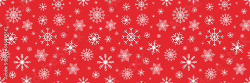 Snowflake Christmas background. White snowflakes on red banner. Happy Holiday card. Hello winter border. Color snowfall frame. Flying confetti. Celebration design. Vector illustration