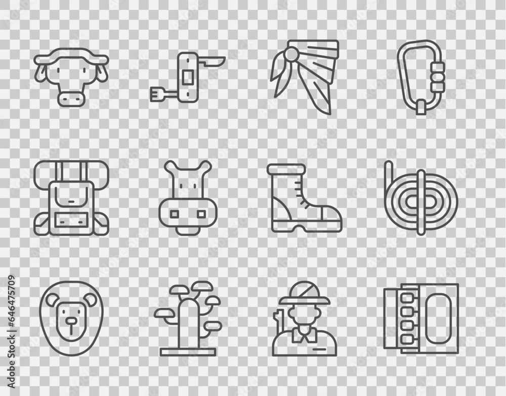 Set line Wild lion, Matchbox and matches, Bandana or biker scarf, African tree, buffalo head, Hippo Hippopotamus, Hunter and Climber rope icon. Vector