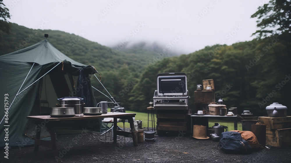 Generative AI, Camping outdoor concept in neutral muted colors, tourist camp
