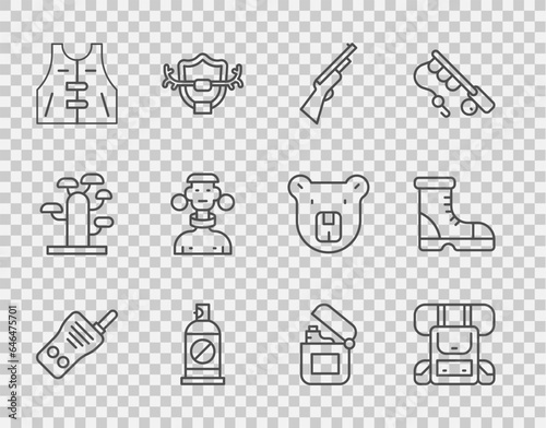 Set line Walkie talkie, Hiking backpack, Hunting gun, Spray against insects, jacket, African tribe male, Lighter and Hunter boots icon. Vector