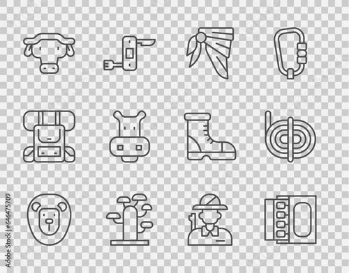 Set line Wild lion, Matchbox and matches, Bandana or biker scarf, African tree, buffalo head, Hippo Hippopotamus, Hunter and Climber rope icon. Vector